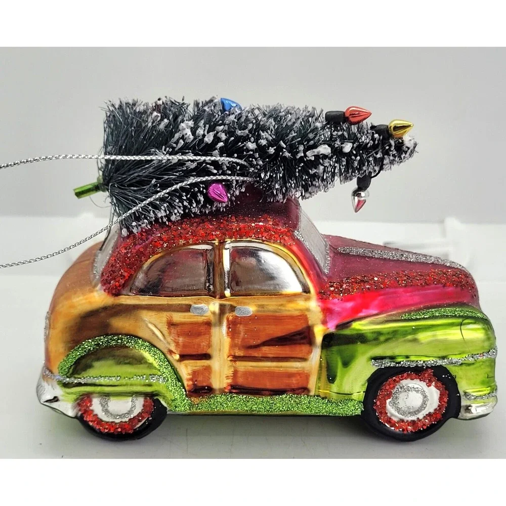 Vintage Christmas Ornament Car Tree Flocked Glass Blown Rare Bulbs So Cute